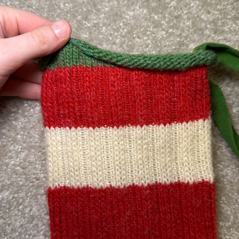 Hand Knit Christmas Stocking Red Cream Green Stripe‎ Hanging Loop Wool